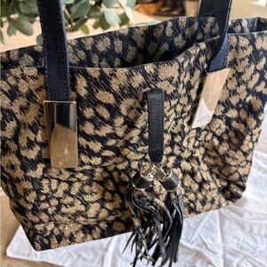 Stuart Weitzman Metallic Gold Leopard Tote Bag with Tassels